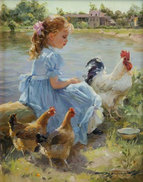 オンドリと 2 羽の鶏のペットの子供を持つ若い女の子 Oil Paintings